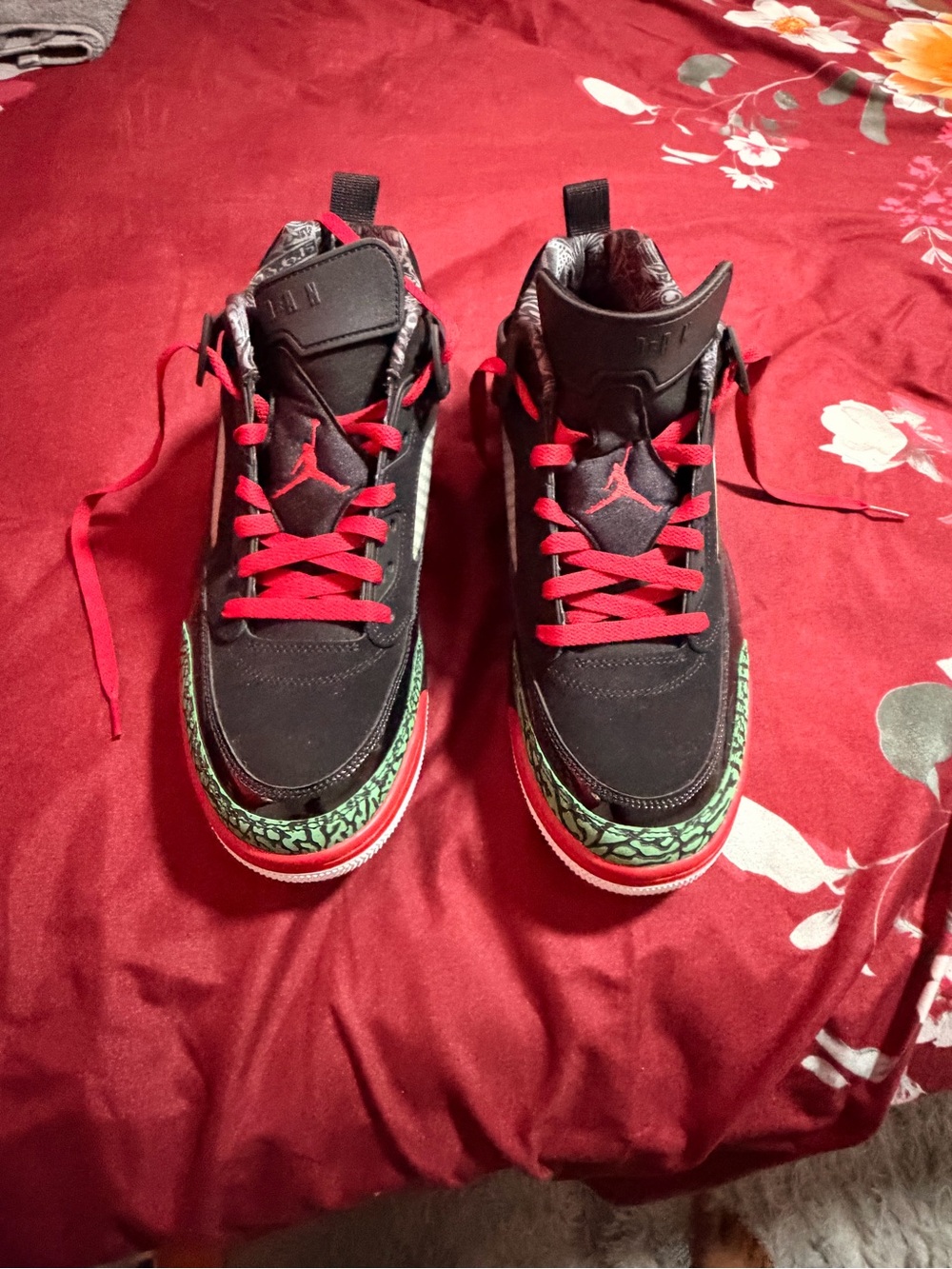 Kids Black and Red Basketball Sneakers with Green Accent